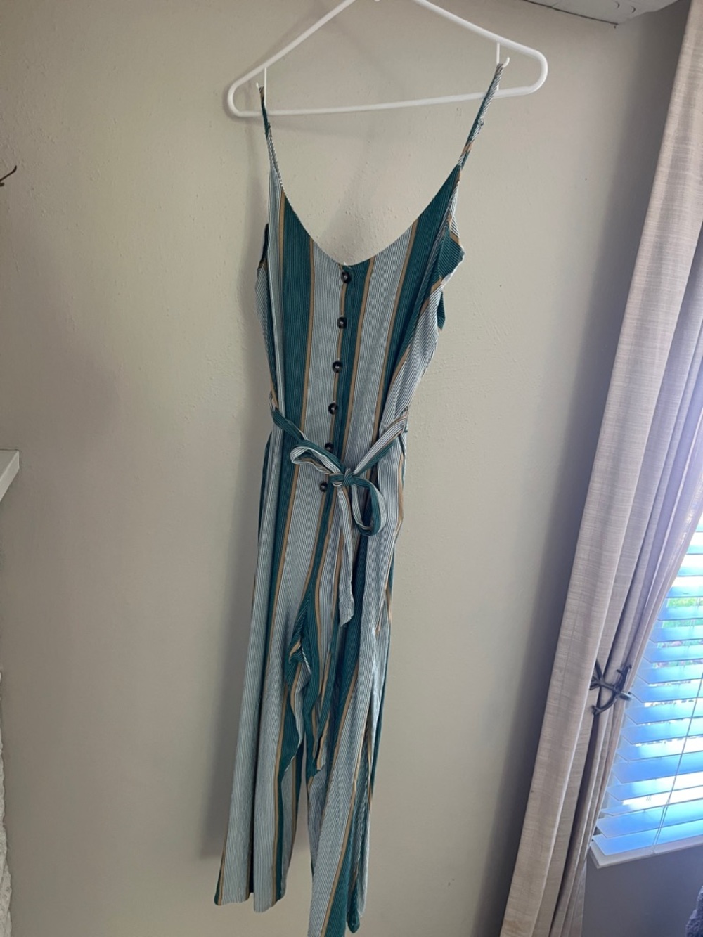 Mystree Teal and Cream Striped Sleeveless Jumpsuit with Tie Waist